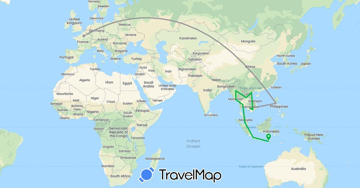 TravelMap itinerary: driving, bus, plane in France, Indonesia, Cambodia, Laos, Myanmar (Burma), Malaysia, Philippines, Thailand, Vietnam (Asia, Europe)